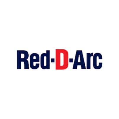 red and black Red-D-Arc logo on white background in square layout