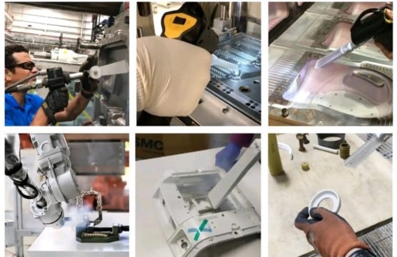 Fotot-Collage zu Anwendungen des Ttrockeneisstrahlens in der Kunststoff industrie.